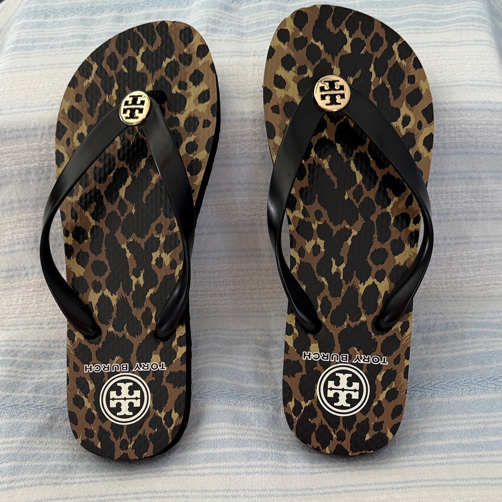 Tory Burch Animal Print Sandals with Black Straps